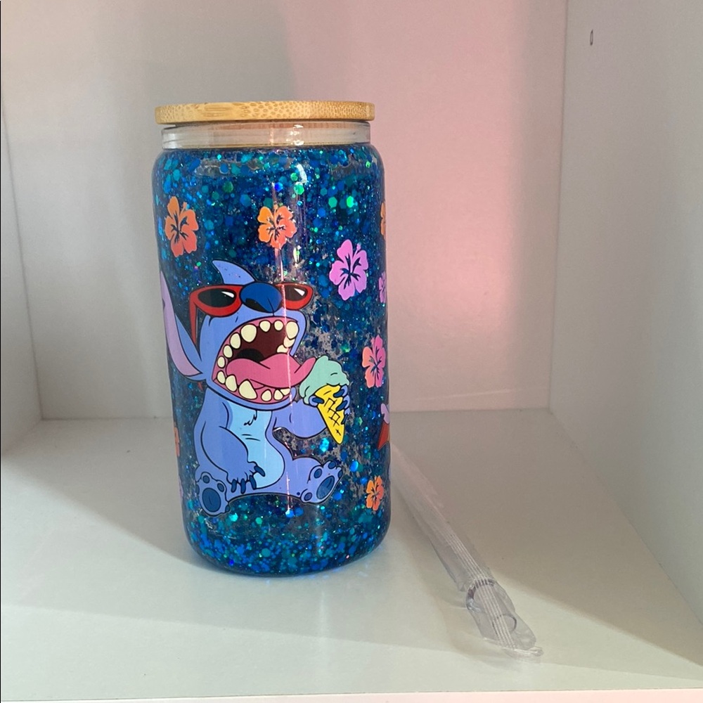 Snow Globe Blue Glitter Stitch Tumbler with Straw